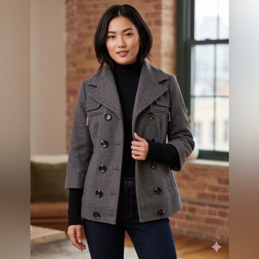 Kensie Women’s Small Gray Knit Double Breasted Pea Coat Jacket S Sleeve